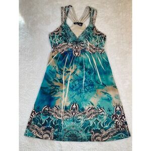 Vintage Y2K Vanity Dress Teal Blue Paisley Boho Hippie Halter Empire Waist SZ M